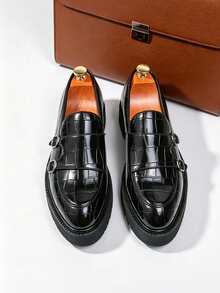 Men's Formal Pointed Toe Casual Shoes, Fashion Korean Style Slip-On Thick Sole Height-Increasing Leather Shoes, Suitable For Daily Casual, Business, Ball, Formal, Wedding, Party, Evening Banquet, Commuting And Various Occasions - Black - View 5