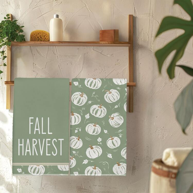 2 st minimalistiska höstiga kökshanddukar med grön bakgrund, vit pumpa och texten "Fall Harvest", 40*60 cm, mjuka mikrofiberhanddukar, lämpliga för hem, kök, restaurang, utomhuscamping, bordsrengöring, disktrasa och handdukstillbehör, högtidspresent - Multifärgad - Visa 11