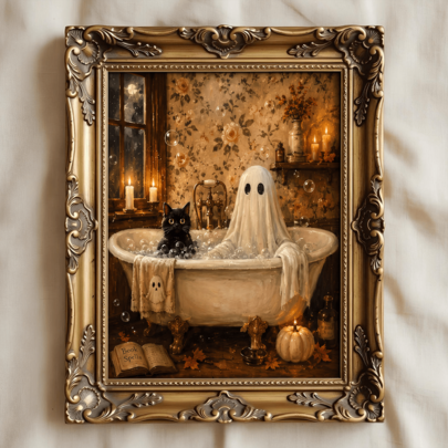 1pc Vintage Halloween Art Print: Ghost Black Cat Bathing Halloween Print, Eerie Gothic Style Bathroom Art Poster, Halloween Decor Art, Dark Academia Style, Framed Or Unframed, Room/Home Decor, College Dorm Apartment Decor, Wall Decor Gift