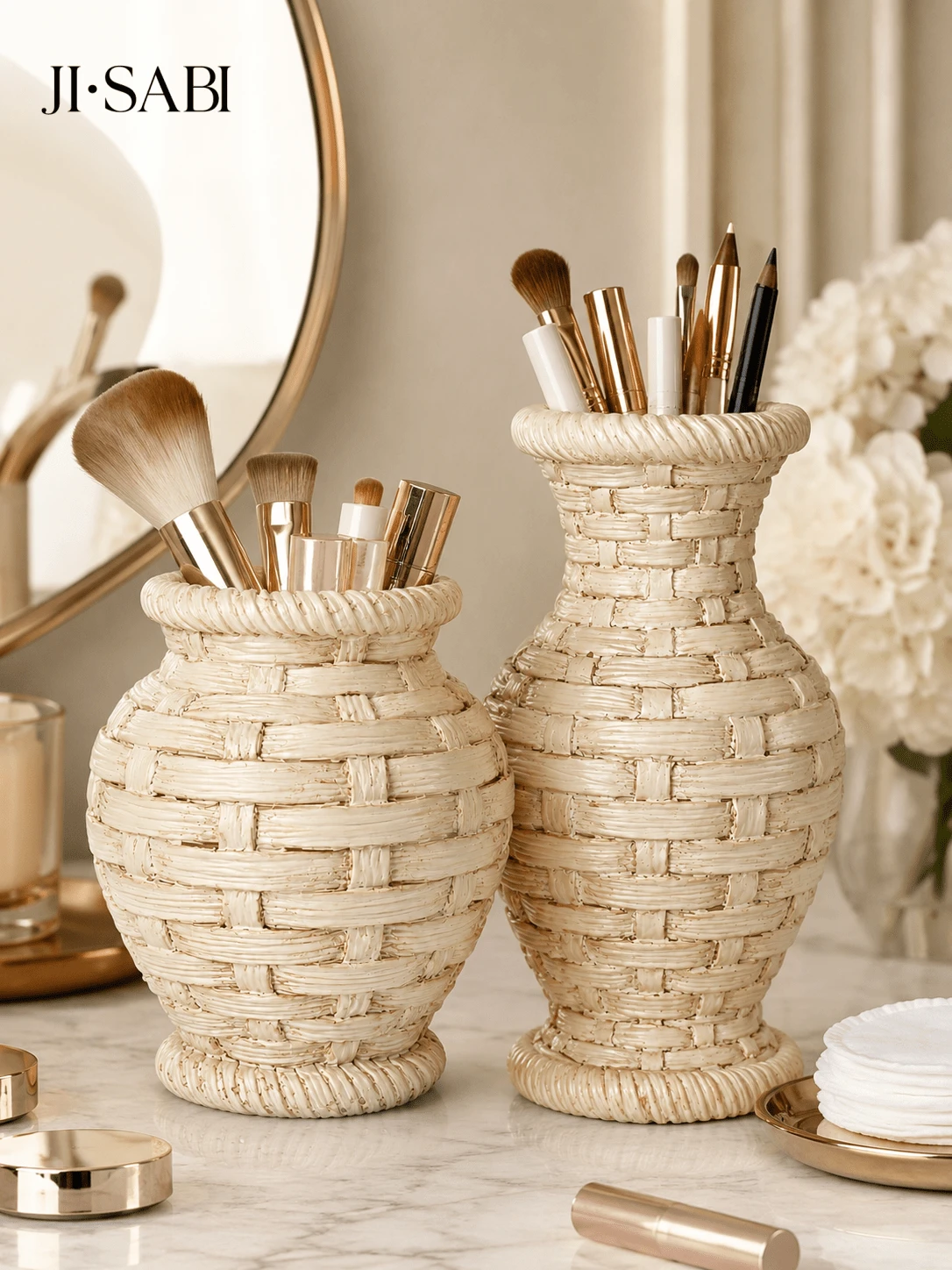 1pc Rattan‑Woven Style Vase Makeup Brush Holder, Boho Imitation Wicker Desk Organizer, Dual‑Purpose Decor Vase For Cosmetic Brushes, Pens, Dried Flowers, Vanity Table Home Desktop Decor,Makeup Organizer,Room Decor - Rattan Makeup Organizer - View 1