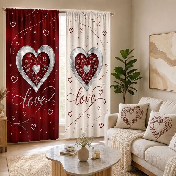 2pcs Romantic Heartfelt Curtains For Valentine's Day, Featuring Contrasting Heart-Shaped Love Prints. This Is The Perfect Gift For Your Loved One And Is Suitable For Home Decoration In Bedrooms, Living Rooms, Kitchens, Hotels, Apartments, Etc.