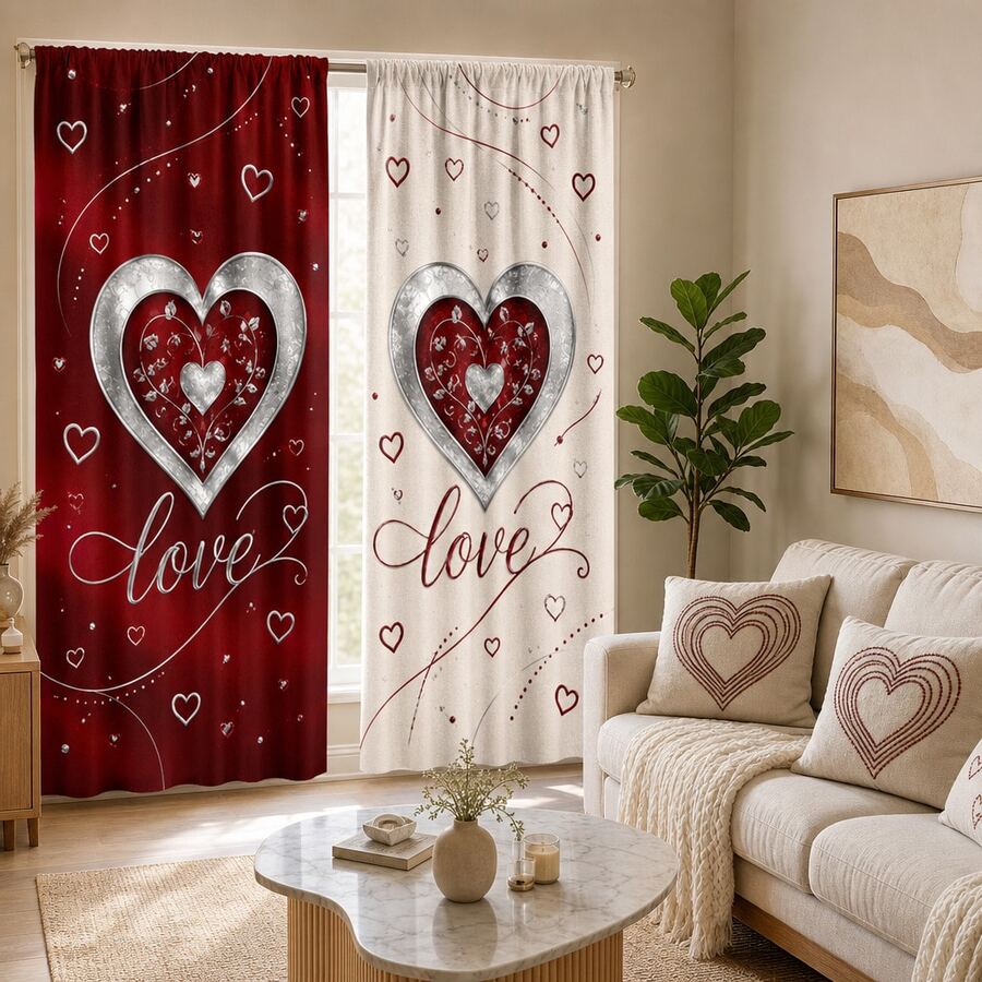 2pcs Romantic Heartfelt Curtains For Valentine's Day, Featuring Contrasting Heart-Shaped Love Prints. This Is The Perfect Gift For Your Loved One And Is Suitable For Home Decoration In Bedrooms, Living Rooms, Kitchens, Hotels, Apartments, Etc. - Multicolor - View 1