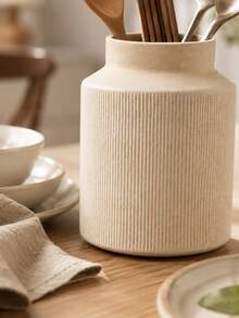 1pc Cream Ribbed Kitchen Utensil Holder, Large Capacity Utensil Crock For Spoons Forks Chopsticks Spatulas, Modern Farmhouse Countertop Organizer, Minimalist Kitchen Counter Decor - Multicolor - View 6