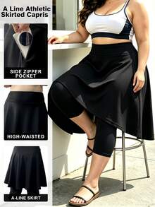 Plus Size Women's Minimalist Mid-Length Pants With Skirt- 2 Zipper Pockets - Cover-Up Sports Pants, Suitable For Sports And Daily Commute - Black - View 2