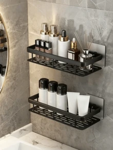 1pc No-Drill Adhesive Bathroom Shelf, With 2 Hooks, Minimalist Shower Corner Storage Rack, Waterproof Plastic Toiletries Organizer, Suitable For Shampoo And Bathroom Accessories, Ideal For Renters - A - View 11