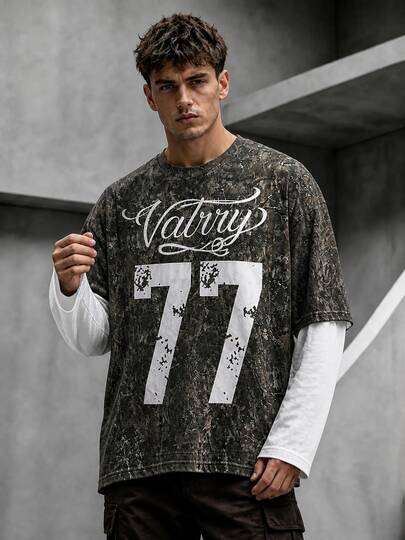 Krometka Men's American Vintage Camouflage 2 In 1 Long Sleeve T-Shirt, Graphic Letter 77 Number Print Drop Shoulder Patchwork Top
