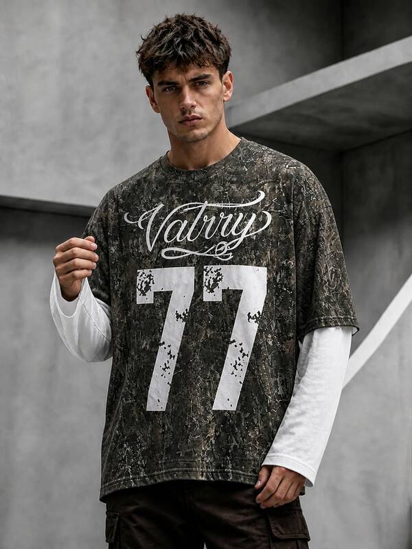Krometka Men's American Vintage Camouflage 2 In 1 Long Sleeve T-Shirt, Graphic Letter 77 Number Print Drop Shoulder Patchwork Top