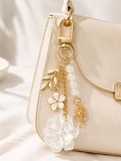1pc Sweet Rose Flower Keychain, Gold Leaf Pearl Beaded Crystal Flower Pendant Bag Charm, Exquisite Girly Style Key Chain, Suitable For Handbags, Backpacks, Car Keys, Phone Charms, Daily Outfit Accessories, Birthday And Holiday Gifts