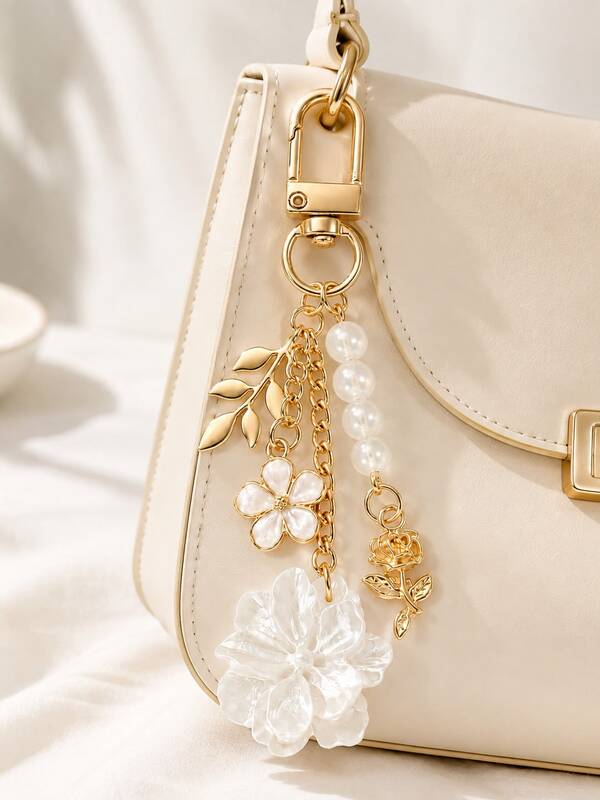 1pc Sweet Rose Flower Keychain, Gold Leaf Pearl Beaded Crystal Flower Pendant Bag Charm, Exquisite Girly Style Key Chain, Suitable For Handbags, Backpacks, Car Keys, Phone Charms, Daily Outfit Accessories, Birthday And Holiday Gifts