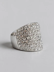 1pc Shiny Rhinestone Inlaid Geometric Thick Ring, Vintage Silver Dome Chunky Statement Ring, Modern Aesthetic High Gloss Wedding Jewelry Accessory - Silver 2 - View 1