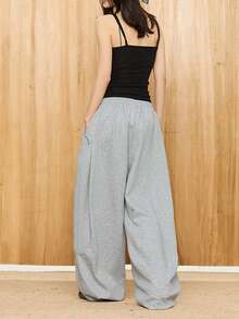 Women's Solid Color Casual Versatile Daily Wear Wide Leg Sweatpants - Light Grey - View 2