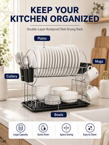 2-Tier Black Metal Rust-Resistant Dish Drying Rack With Side Cup Holder, Removable Utensil Caddy And Drain Tray, Space-Saving Kitchen Counter Organizer For Plates, Bowls, Glasses And Cutlery - Multicolor - View 7