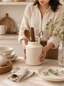 1pc Cream Ribbed Kitchen Utensil Holder, Large Capacity Utensil Crock For Spoons Forks Chopsticks Spatulas, Modern Farmhouse Countertop Organizer, Minimalist Kitchen Counter Decor - Multicolor - View 7