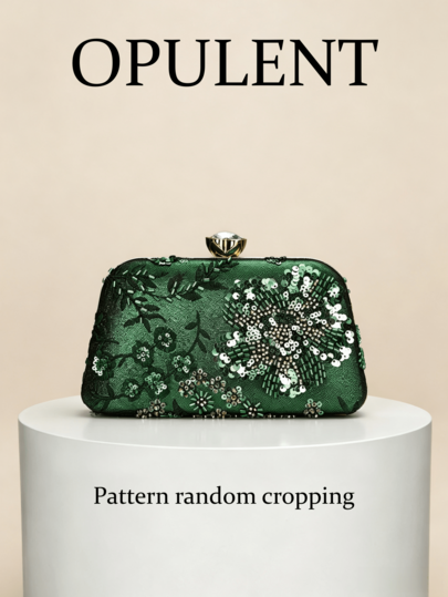 Green Floral Sequin Beaded Evening Clutch, Crystal Buckle Hard Shell Handbag With Detachable Gold Chain, Elegant Handbag For Weddings, Proms And Cocktail Parties (Random Cut)