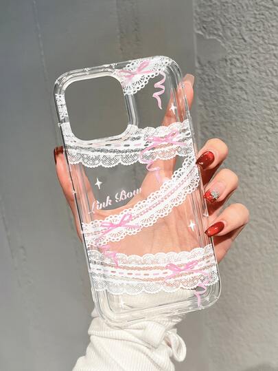 Transparent Lace Pink Bow Phone Case, Raised Large Lens Hole Wear-Resistant Anti-Collision Phone Case, Sweet Girl Commuter Versatile Style, Compatible With Apple 15/15 Pro/15 Plus/15 Pro Max/16/16 Pro/16 Pro Max/17/17 Pro/17 Pro Max/12/12 Pro/12 Mini/13/13 Pro/13 Pro Max/14/14 Plus/14 Pro Max/11, Daily Gift, Back To School Essential, Accessory, Halloween Gift, Christmas Gift, Premium Phone Accessory