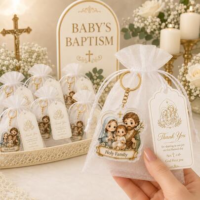 20 Sets Holy Family Baptism Keychains Catholic Baptism Gifts With Organza Bags And Thank You Cards, Religious Party Favors, First Communion Church Event Gifts