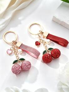 1pc Fashion Alloy Rhinestone Cherry Bag Charm, Clay Rhinestone Keychain, Crystal Inlaid Car Key Pendant, Women's Bag Decoration Accessory - Multicolor - View 4