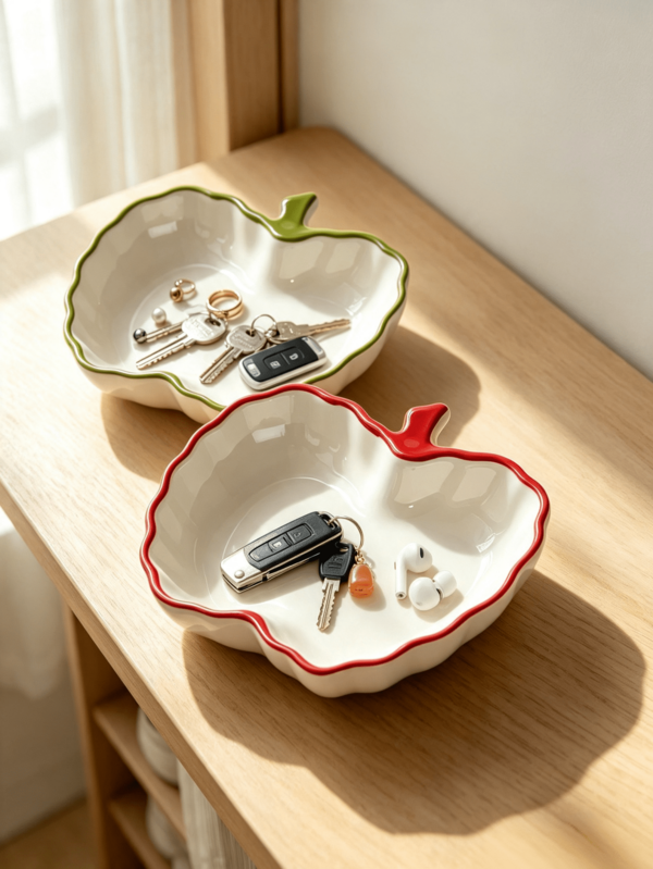 1PC Multifunctional Creative Nordic Style Apple Shaped Ceramic Jewelry Dish, Multicolor Rim Fruit Shaped Storage Tray For Vanity, Rings, Necklaces, Watches, Entryway Keys, Desktop Decor, Earrings, Bracelets, Jewelry Display Plate, Home Decor Small Ornament