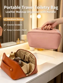 Portable Handheld Makeup Travel Bag, Multi-Layer Compartment PU Toiletry Storage Bag, Large Capacity Pillow-Style Cosmetic Organizer - Multicolor - View 5