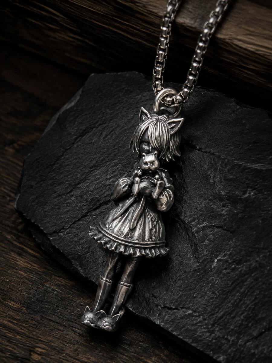 1 Pc Gothic Cat Ear Doll Pendant Necklace For Women Vintage Punk Streetwear Daily Party Gift - Antique Silver - View 1