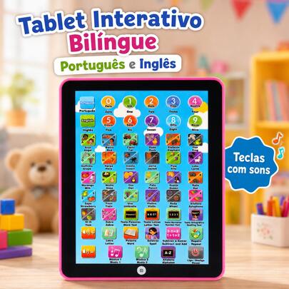Tablet Infantil Interativo Bilingue Portugues e Inglês Para Diversão e Aprendizagem Com Música Alfabeto e Matemática