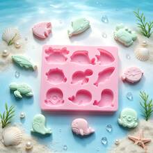 1件海洋動物主題矽膠模具，適用於肥皂、樹脂、石膏、水晶環氧樹脂、DIY手工藝品等，具有可重複使用、易脫模、易清洗、不易變形的特點。包含：9格海洋動物造型。您可以根據模具尺寸、形狀和您的使用需求將其應用於更多場景（注意：尺寸表在主圖中） - A - 查看 3
