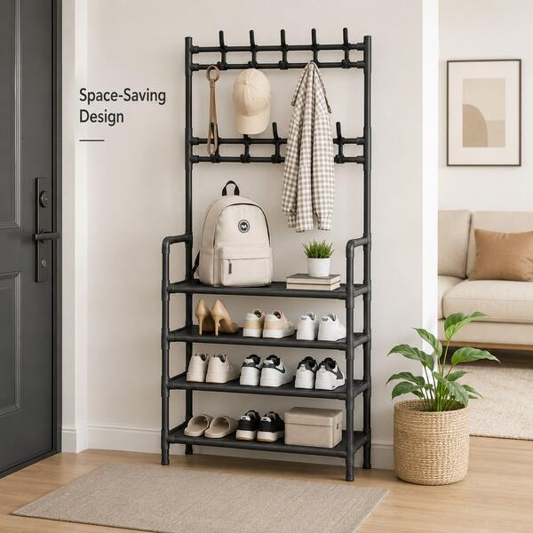Standing Shoe Organizer Rack With Top Coat Hooks, Bedroom And Doorway Storage Shelf