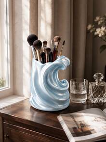 1pc Light Blue Wavy Makeup Brush Holder, Multifunctional Toothbrush & Toothpaste Rack, Fashion Bathroom Countertop Storage Cup, Suitable For Vanity, Bedroom And Home Decor, Bathroom Accessories, Toothbrush Holder, Brush Holder, Makeup Storage Rack - Multicolor - View 5