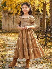 Tween Girl Solid Color Shirred Waist Short Sleeve Cute Square Neck Holiday Party Mid-Length Velvet Dress - Brown - View 2