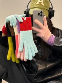 Cozy Colorblock Full-Finger Fuzzy Knit Gloves, Contrast Ribbed Cuffs, Finger Opening Touchscreen Design, Warm Winter Hand Gloves For Women, Daily Commute, Outdoor Walking, Travel, Christmas Parties, Holiday Gifts, Cold Weather Styling Looks - Multicolor - View 3