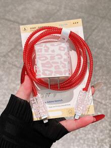 Sexy Leopard Print, Dopamine Pink Color Block Pattern, Paired With 1.4M Data Cable Protector Rope, Minimalist Apple Charger Protective Case, Compatible With 20W Phone 15 Charger, 16 ProMax Phone Cable Protector Cover, Anti-Bend, Anti-Cat Bite, Suitable For 13/14 Plus Data Cable Protector, Charger Protector. Christmas Gift - Pink - View 5
