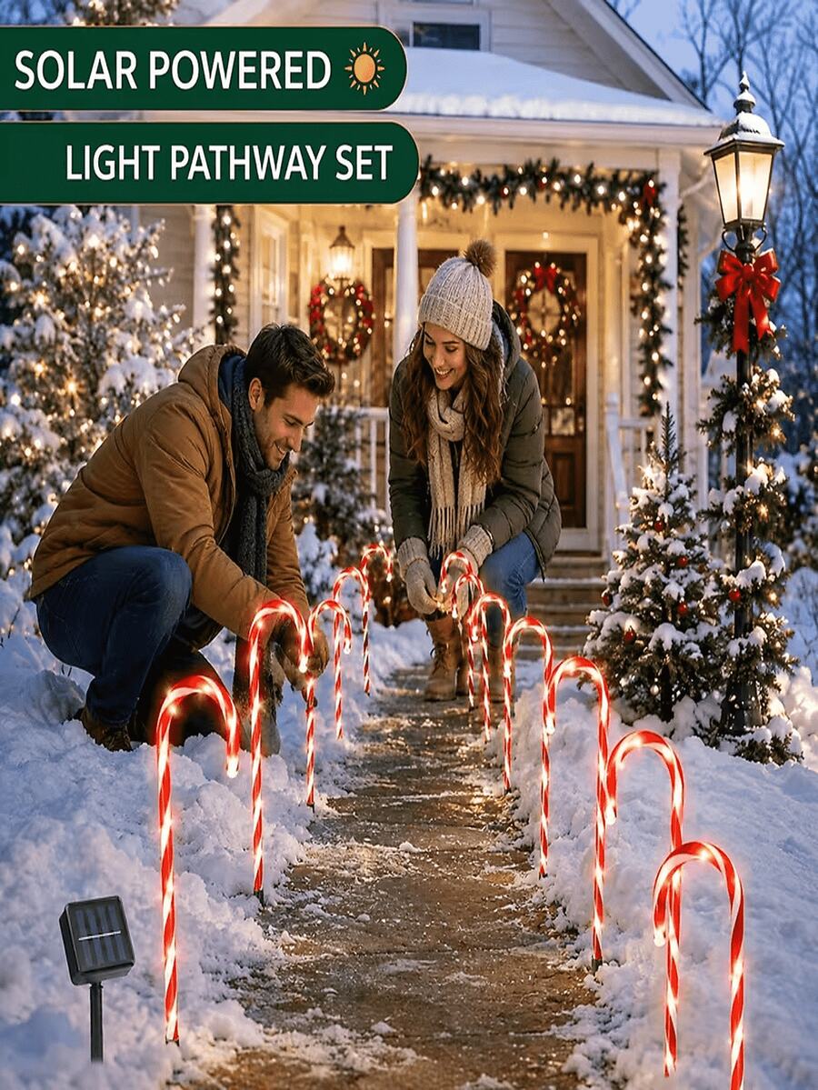 One By Five Christmas Outdoor Decoration LED Solar Powered Candy Cane Lights, Outdoor Holiday Decor Suitable For Garden, Lawn, Pathway, Fence, Yard, Entrance Walkway, Landscape Lighting And Night Scene Atmosphere Decoration - Multicolor - View 1