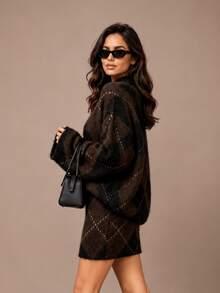 HZXVIC Women's Fashion Autumn New Collection Retro Elegant Diamond Grid High Collar Sweater Skirt Set Fall - Brown - View 5