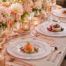 50/25/10pcs (7.5in/10.25in) Transparent Rose Gold Diamond Pattern Plates, Reusable And Washable, Ideal For Family Gatherings, Outdoor Picnics, Team Building Activities, Also Suitable For Parties, Weddings, Birthdays, Proms, Dinners, Halloween, Christmas. Tableware, Serving Tray, Birthday Plate, Plate, Tableware, Divided Plate, Dinner Plates, Reusable Plastic Plates. - View 6