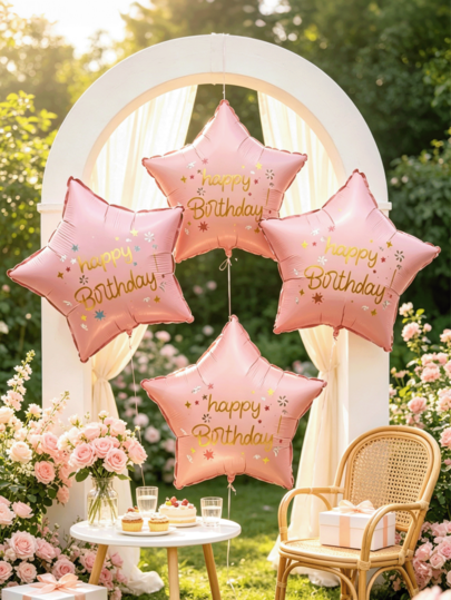 6/12pcs Pink Star Happy Birthday Balloons, Party Set Props, Decoration Props, Suitable For Forest Theme, Romantic Atmosphere Set Props