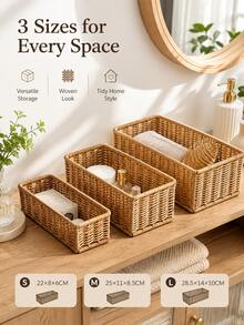1pc Faux Wicker Storage Basket, Rectangular Desktop Organizer, Essential Home Storage Box For Remote Control, Seasoning Bottles, Bathroom And Kitchen Sundries - Multicolor - View 1