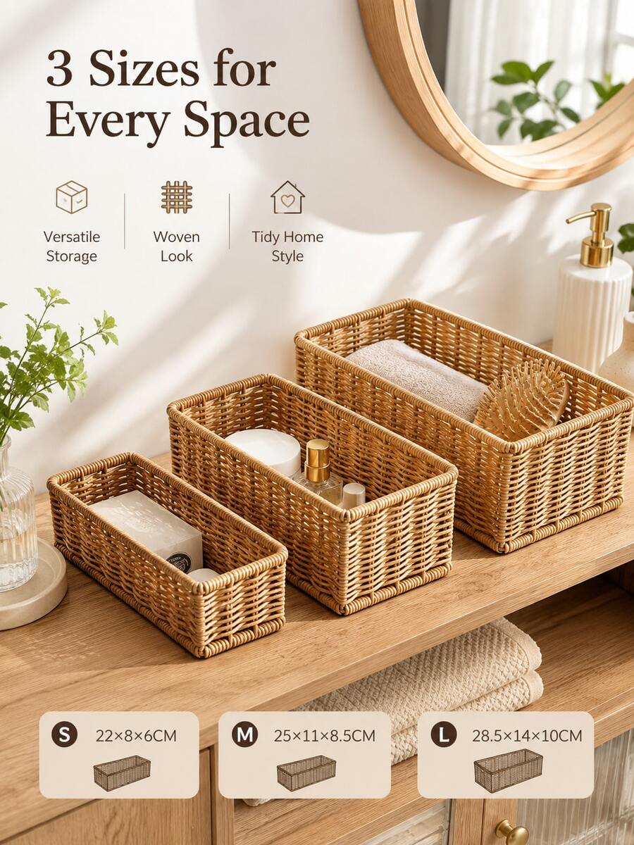 1pc Faux Wicker Storage Basket, Rectangular Desktop Organizer, Essential Home Storage Box For Remote Control, Seasoning Bottles, Bathroom And Kitchen Sundries - Multicolor - View 1
