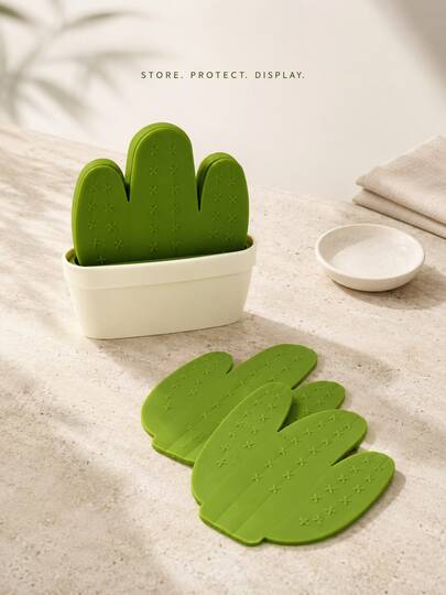 1 Set de 6 piezas Posavasos de silicona con forma de cactus creativos, antideslizantes y resistentes al calor, con base de almacenamiento estilo maceta, posavasos de decoración de escritorio adecuados para el hogar, café, té y regalo de Navidad