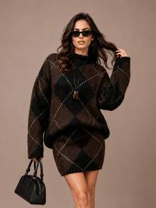 HZXVIC Women's Fashion Autumn New Collection Retro Elegant Diamond Grid High Collar Sweater Skirt Set Fall - Brown - View 4