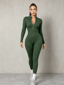 Mono Deportivo de Manga Larga con Cremallera para Mujer - Conjunto de Yoga Ajustado de Ribete, Ropa de Entrenamiento para Fitness y Pilates - Verde - Ver 1