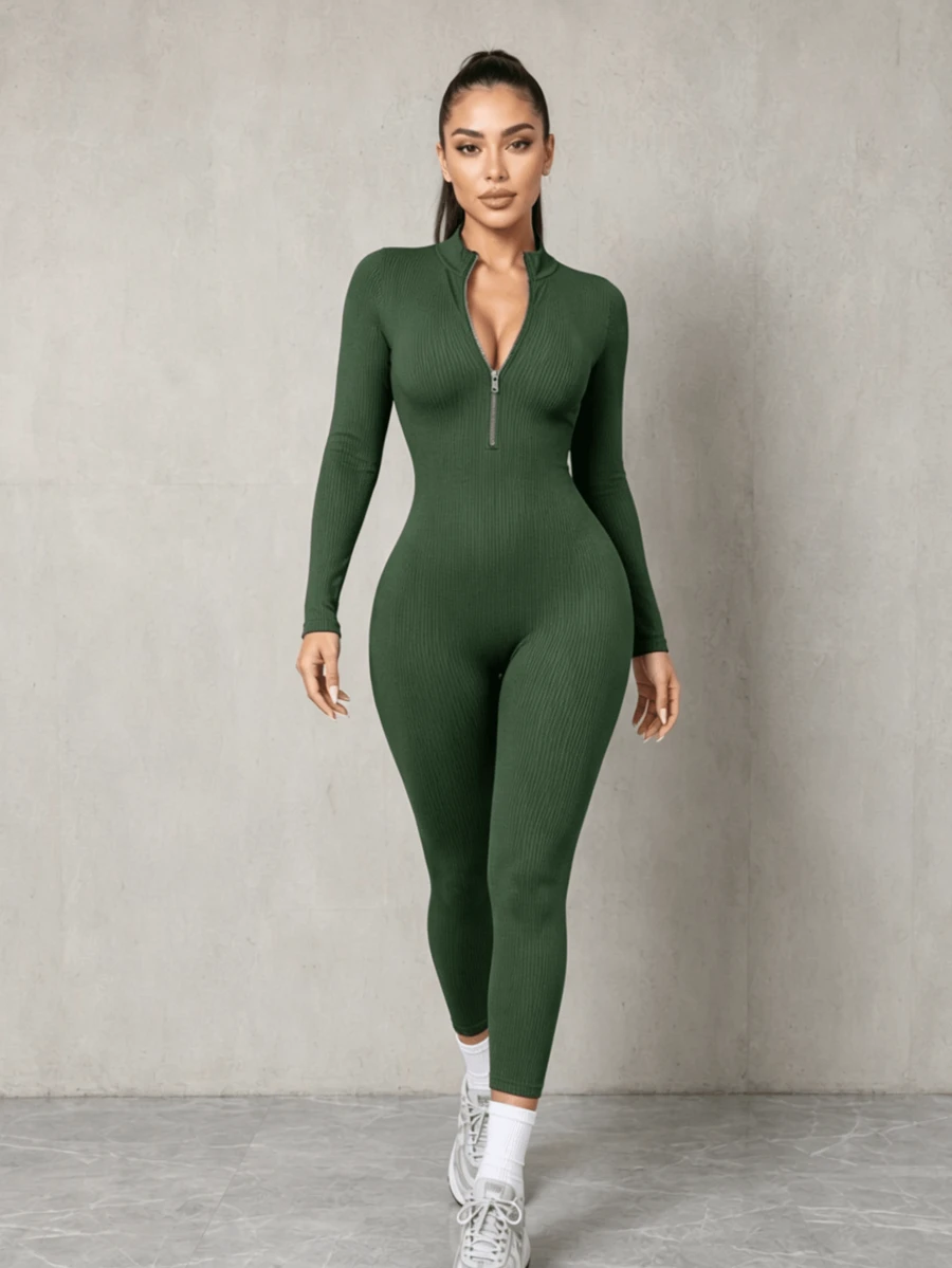 Mono Deportivo de Manga Larga con Cremallera para Mujer - Conjunto de Yoga Ajustado de Ribete, Ropa de Entrenamiento para Fitness y Pilates - Verde - Ver 1