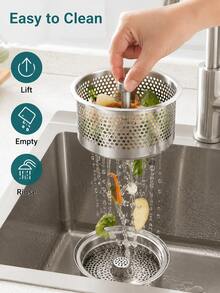 Stainless Steel Sink Strainer, Featuring Fine Honeycomb Basket And Center Handle Design, Anti-Clogging, Easy To Pour And Clean, Practical Kitchen Sink Debris Filter, Essential Home Kitchen Accessory - Silver - View 1