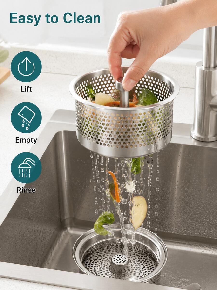 Stainless Steel Sink Strainer, Featuring Fine Honeycomb Basket And Center Handle Design, Anti-Clogging, Easy To Pour And Clean, Practical Kitchen Sink Debris Filter, Essential Home Kitchen Accessory - Silver - View 1