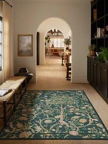 1PC Vintage Floral Bird Vine Pattern Deep Dark Green Area Rug, French Country Style Faux Cashmere Rectangular Dark Grid Border Machine Washable Floor Mat, Suitable For Living Room Bedroom Balcony Aesthetic Home Decor - Multicolor - View 2