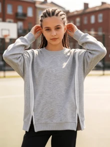Tween Girl Spring/Autumn Solid Color Minimalist Loose Long Sleeve Sports Sweatshirt - Grey - View 6