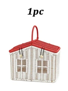 1pc Creative House-Shaped Woven Storage Box With Lid And Decorative Handle, Multi-Purpose Home Desktop And Shelf Organizer Basket, Fun Room Decor, Holiday Display Storage Box, Storage Basket - Multicolor - View 8