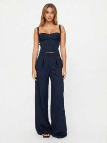 2pcs Set Women Commuting Outfit: Striped Camisole Top + Wide Leg Loose Casual Trousers Summer Elegant - Navy Blue - View 4