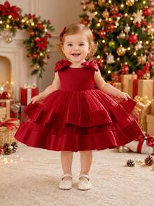 New Baby Girl Princess Dress, 1st Birthday Bow Tulle Tutu Party Dress - Red - View 5