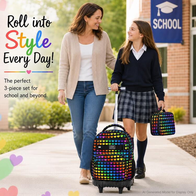 3pcs/Set Girls Colorful Heart & Leopard Print Oxford Fabric Rolling Backpack, Adjustable Shoulder Straps, Zipper Closure, Cute Style, Suitable For School And Daily Outings - Red - View 8