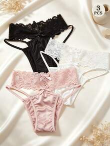Mystèrelle 3pcs Floral Lace Waistband T-Back Panties With Bow Decor Spaghetti Strap Women's Underwear - Multicolor - View 4